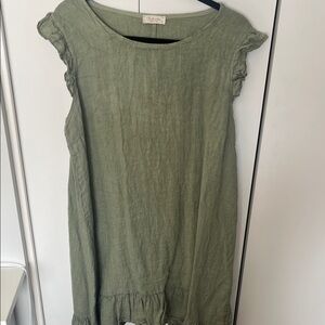 Light Olive Green Ruffle Hem Linen Dress